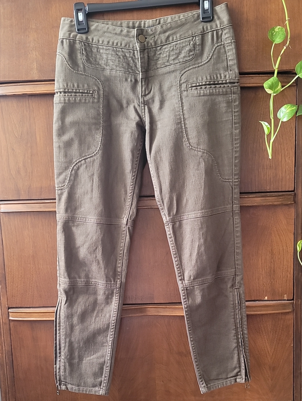 Marissa Webb Y2K Moto Style Khaki Green Ankle Zip Denim Jeans Edgy and Grunge